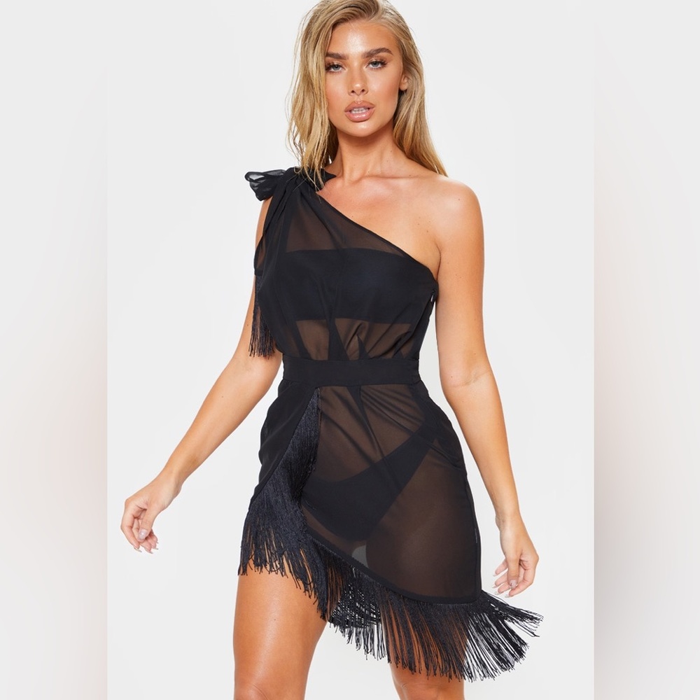 BLACK ASYMMETRIC FRINGE BEACH DRESS